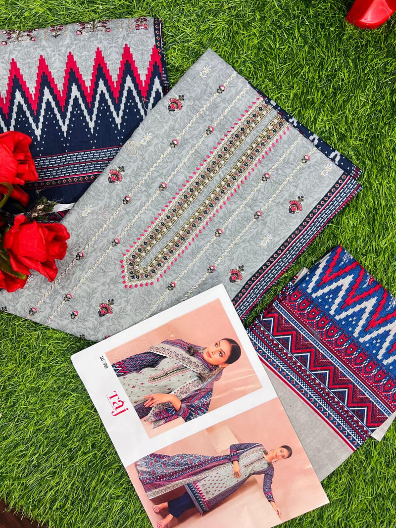 Taj Creations 598 Pure Cotton Print With Heavy Self Embroidery Work Pakistani Suits