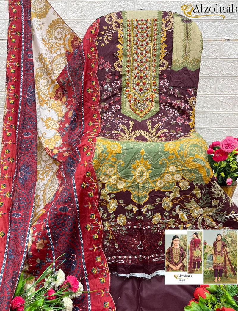 Al Zohaib Az 1155 Pure Cotton Print  With Self Work Pakistani Suits