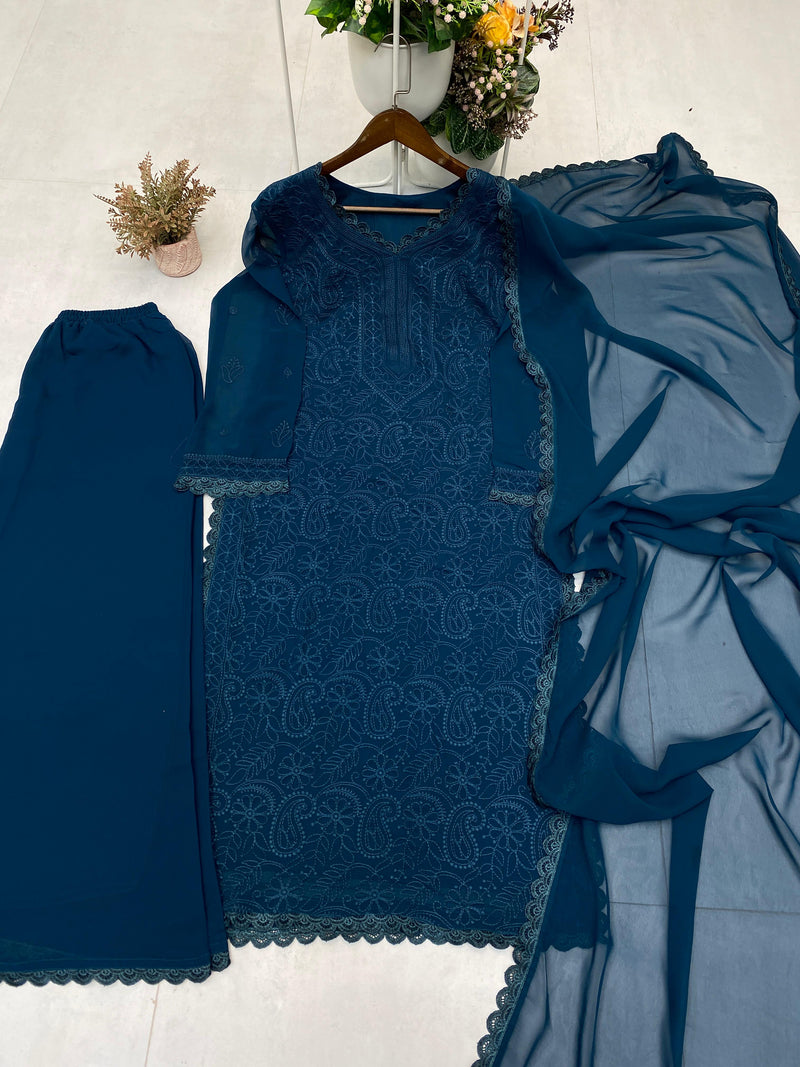 BE 170 Trending Faux Georgette Cotton Thread Embroidered Work Suit