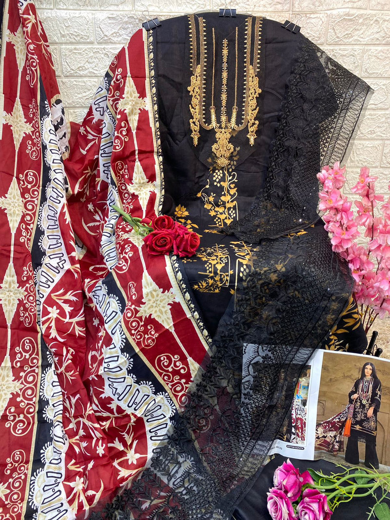 Hazzel Sana Safinaz 0133 Pure Cotton Printed And Embroidery Patches Work Pakistani Suits