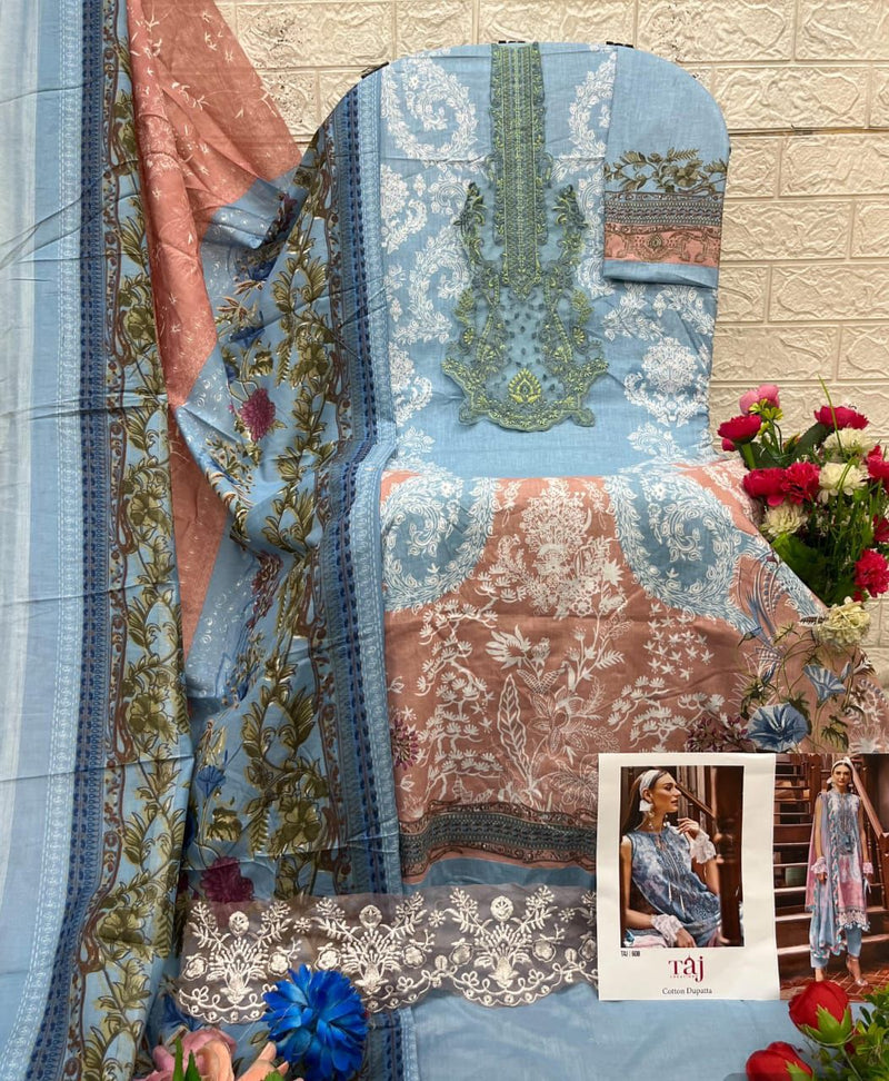 Taj Creations 608 Pure Cotton Print With Heavy Embroidery Patches Work Pakistani Suits