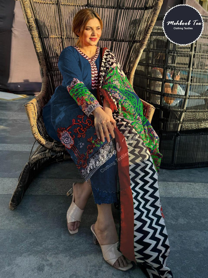 Mehboob Tex Maria B 1272 D Pure Cotton Print With Exclusive Embroidery Patches Work Pakistani Suits