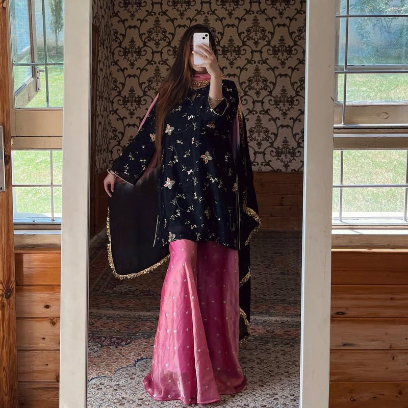 MC 2018 Heavy Fancy Crushi Silk Material With Sequence Embroidery Work Suits