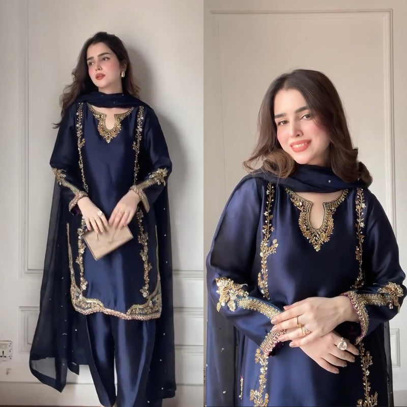 MC 2017 Silk With Moti Hand Work Designer Party Wear Look Top With Farshi Salwar Suit
