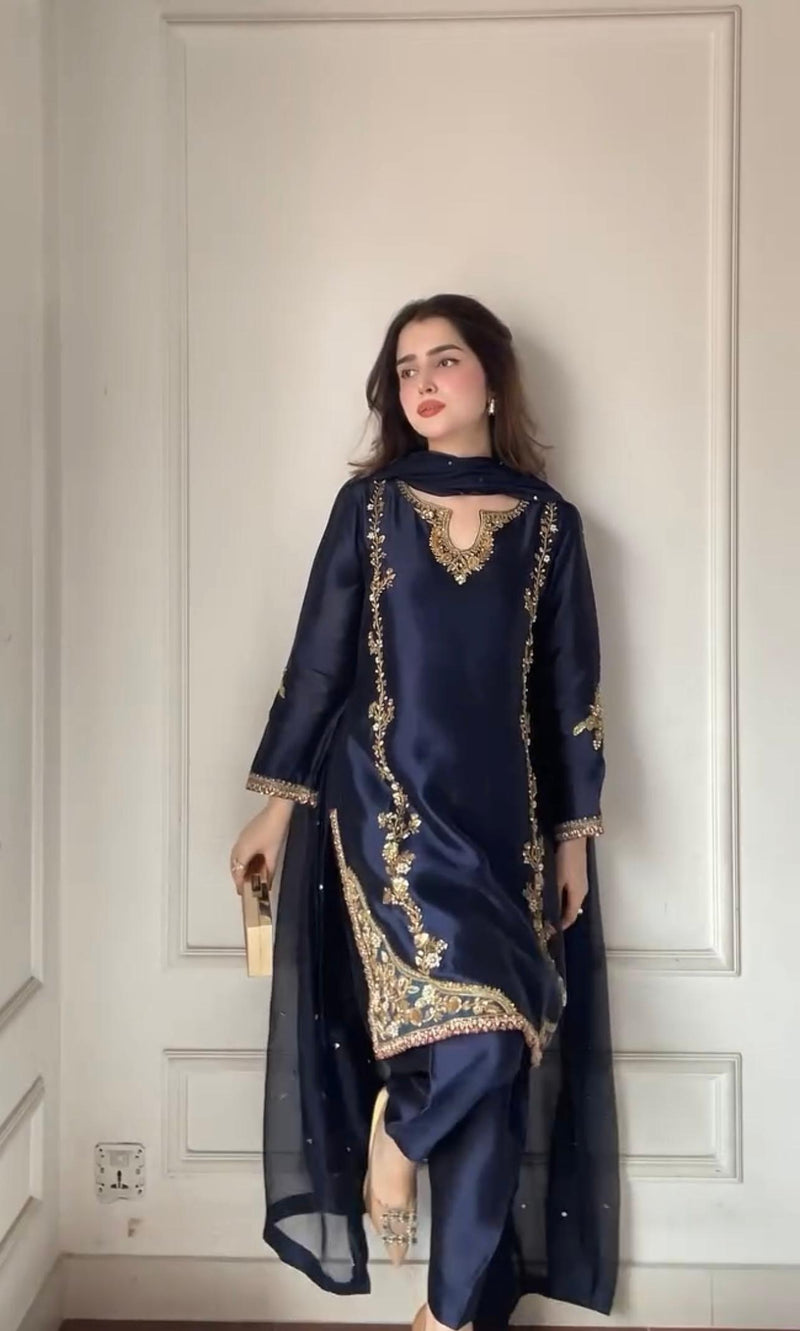 MC 2017 Silk With Moti Hand Work Designer Party Wear Look Top With Farshi Salwar Suit