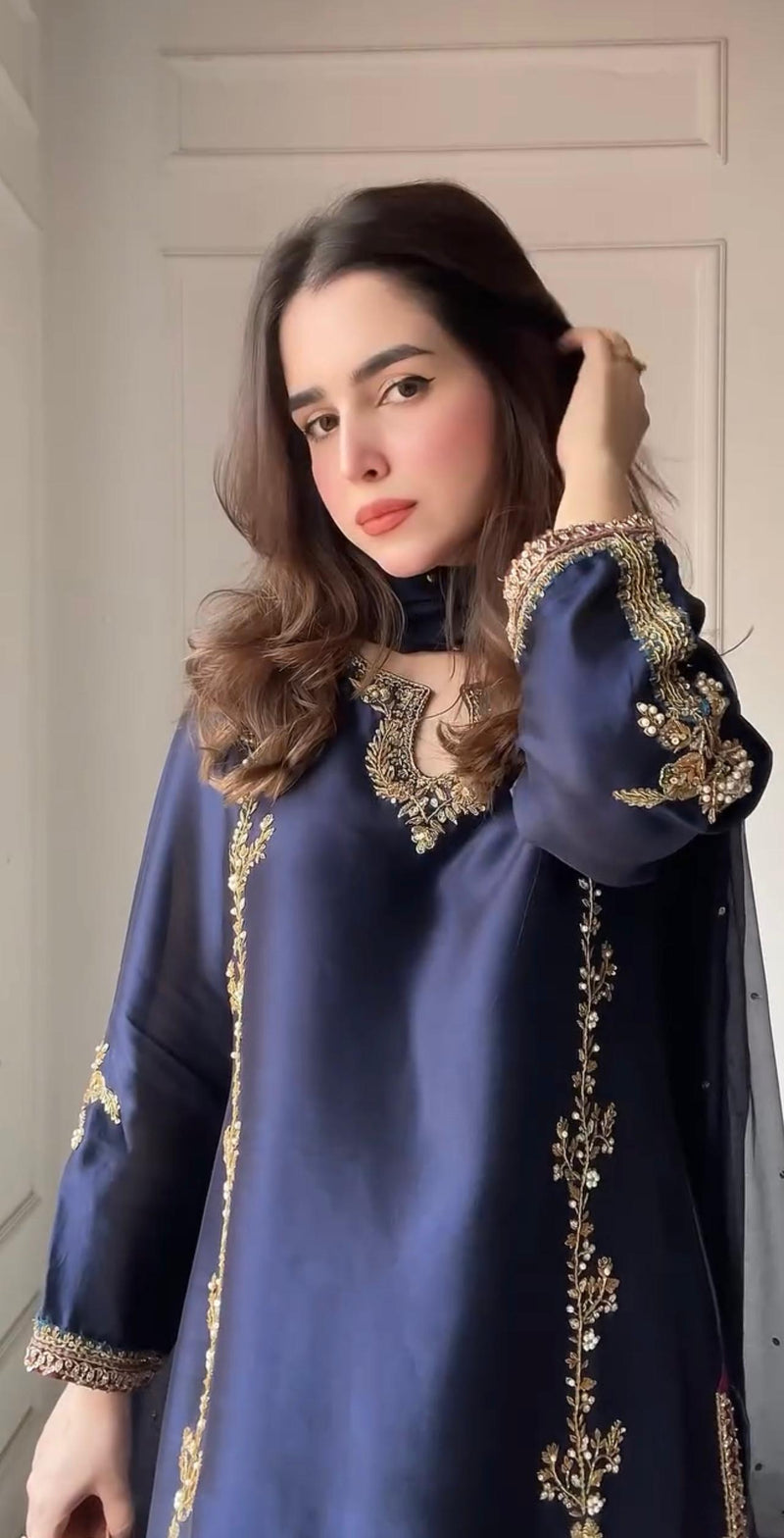 MC 2017 Silk With Moti Hand Work Designer Party Wear Look Top With Farshi Salwar Suit