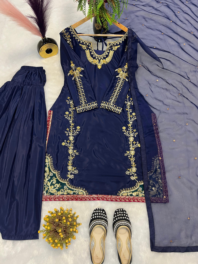 MC 2017 Silk With Moti Hand Work Designer Party Wear Look Top With Farshi Salwar Suit