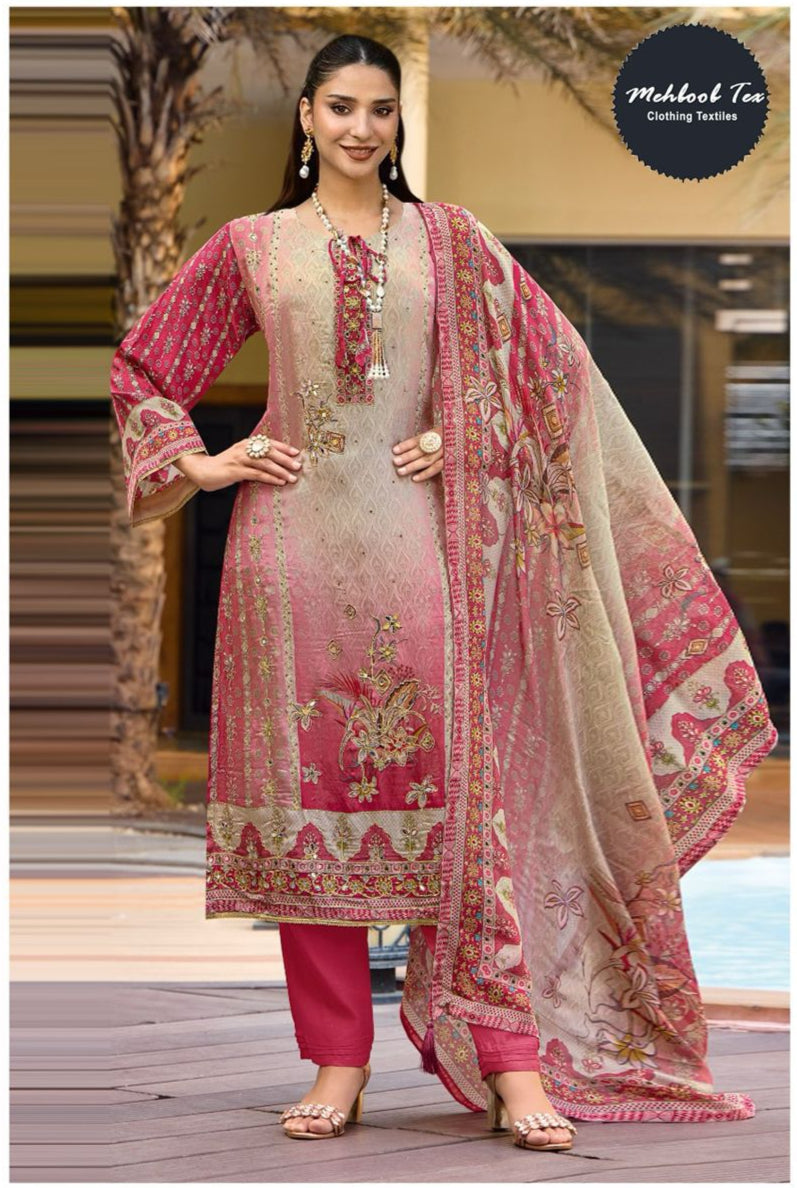Mehboob Tex 1706 Pure Viscose Maslin Digital Print With Aari Handwork Pakistani Suits