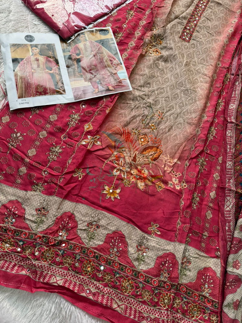 Mehboob Tex 1706 Pure Viscose Maslin Digital Print With Aari Handwork Pakistani Suits