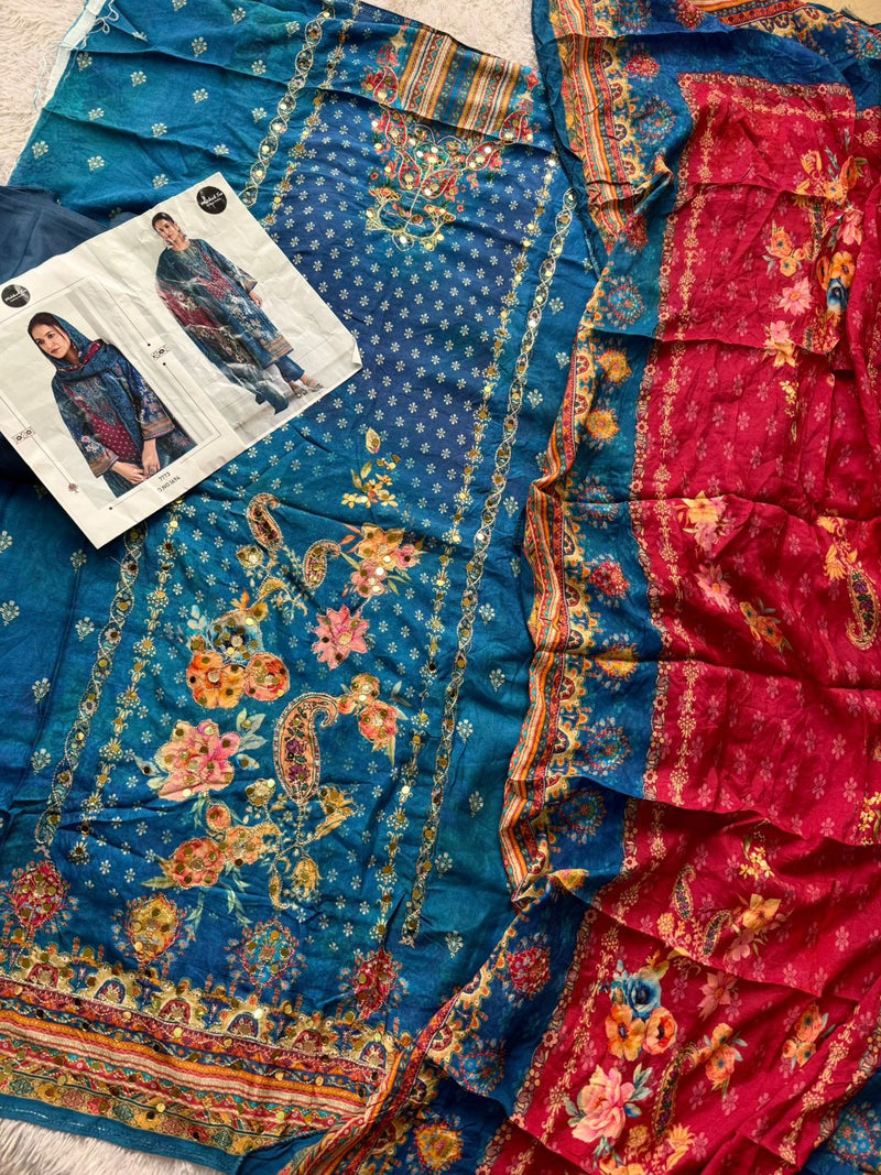 Mehboob Tex 1694 Pure Viscose Maslin Digital Print With Aari Handwork Pakistani Suits