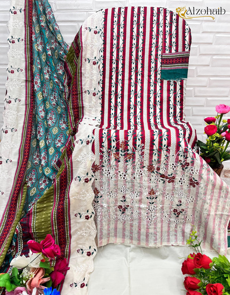 Al Zohaib 1087 Pure Cotton Print With Embroidery Self Work Pakistani Suits