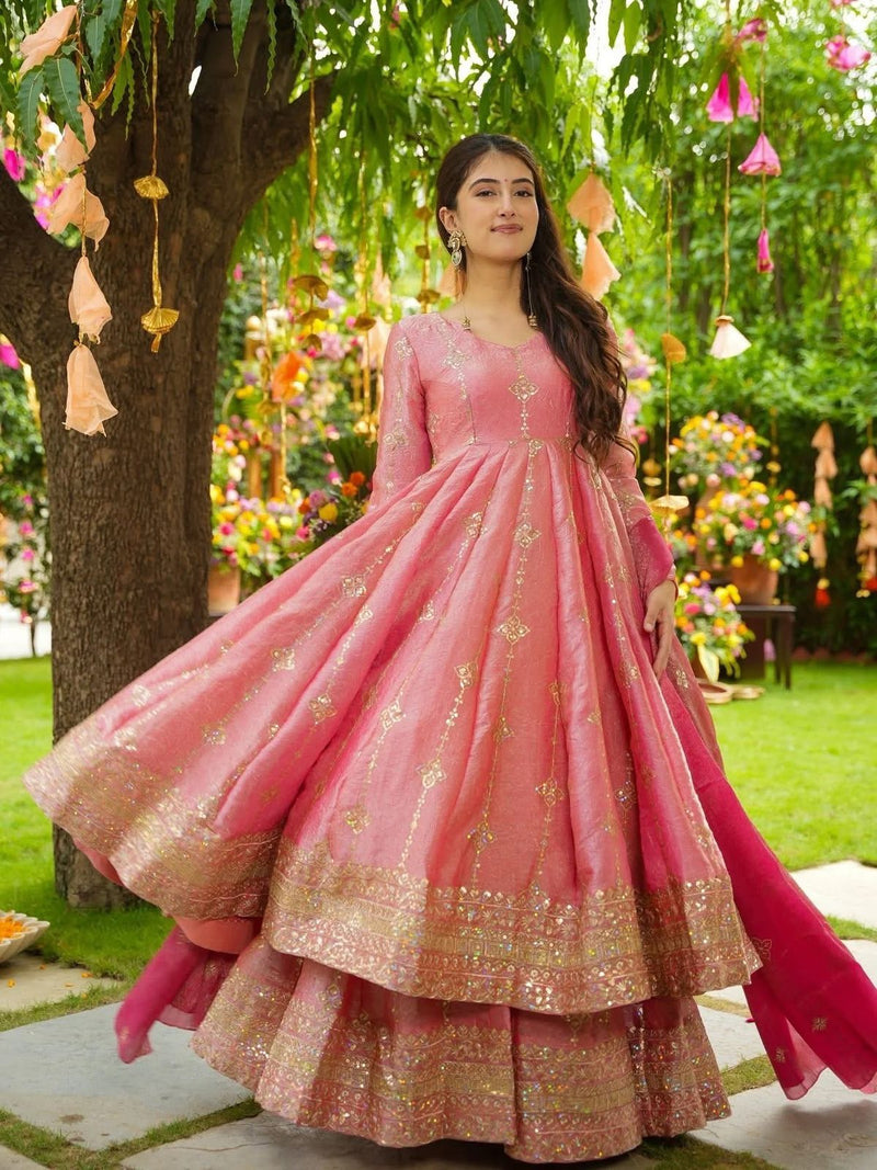 SSR 526 Crunchy Silk Elegant Heavy Embroidery Sequence Work With Fully Flair Gown