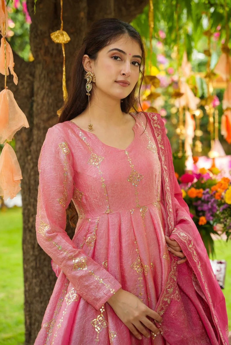 SSR 526 Crunchy Silk Elegant Heavy Embroidery Sequence Work With Fully Flair Gown