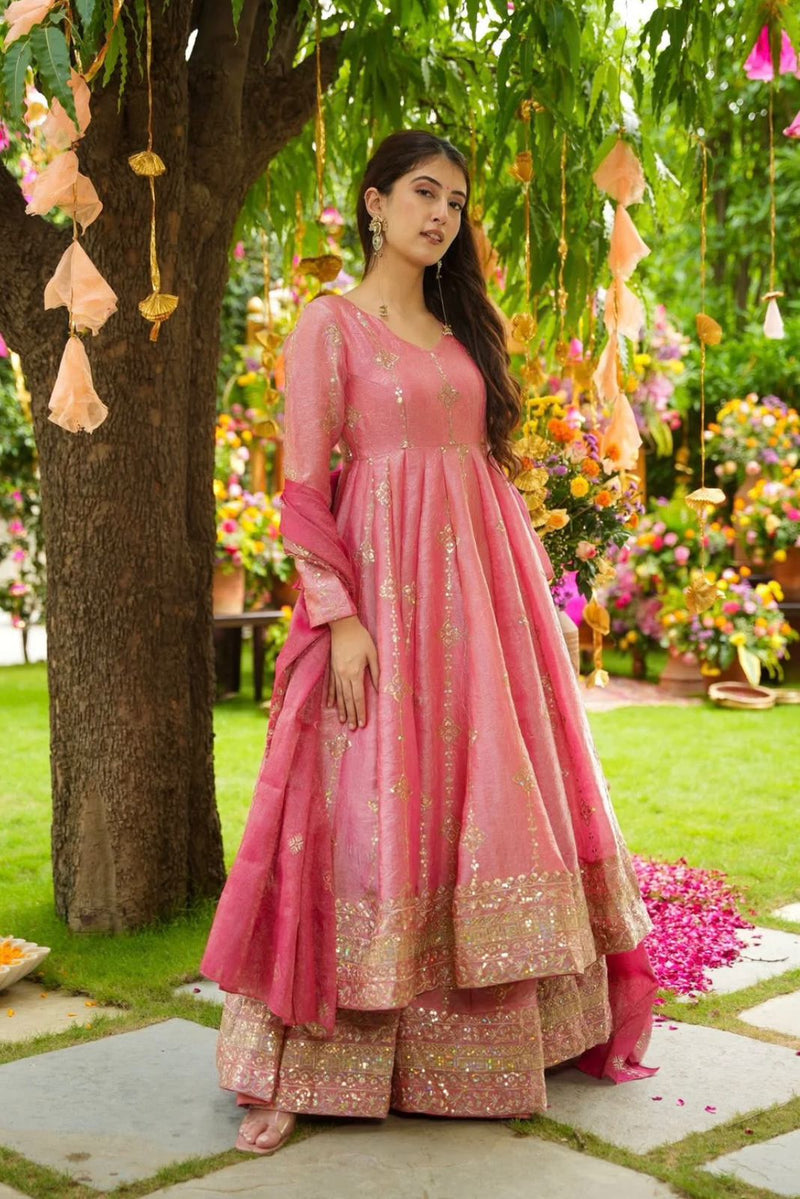 SSR 526 Crunchy Silk Elegant Heavy Embroidery Sequence Work With Fully Flair Gown