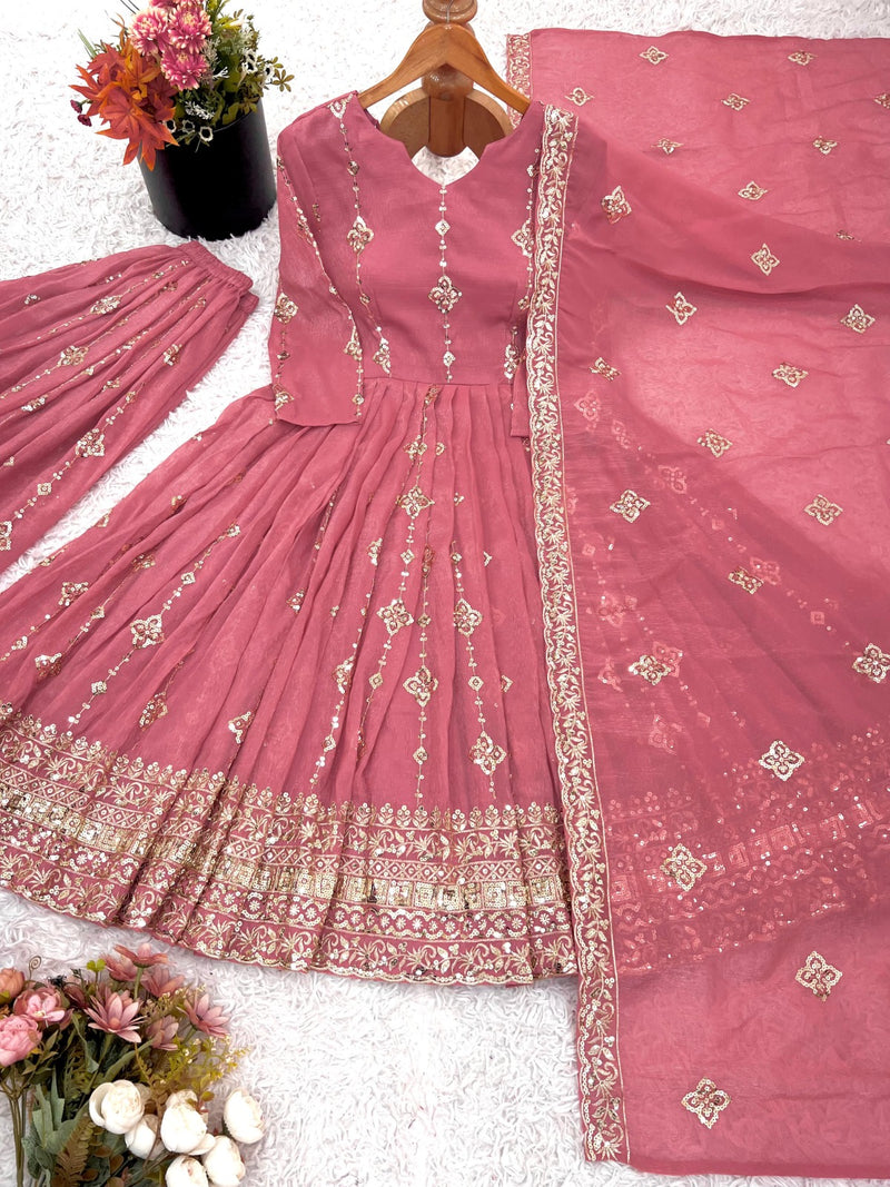 SSR 526 Crunchy Silk Elegant Heavy Embroidery Sequence Work With Fully Flair Gown