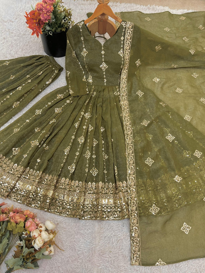 SSR 526 B Crunchy Silk Elegant Heavy Embroidery Sequence Work With Fully Flair Gown