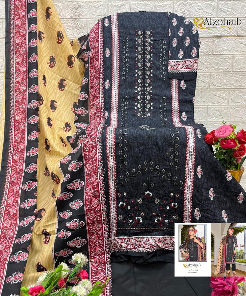 Al Zohaib Az 1317 B Pure Cotton Print With Heavy Self Work Pakistani Suits