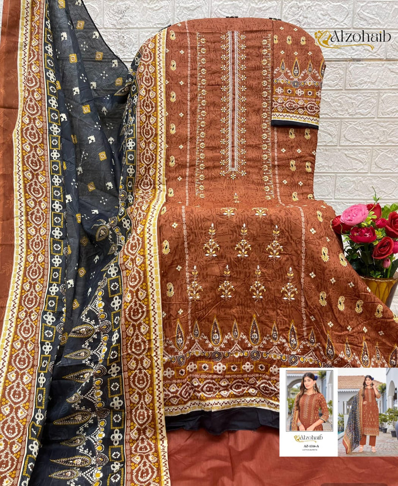 Al Zohaib Az 1316 A Pure Cotton Print With Heavy Self Work Pakistani Suits