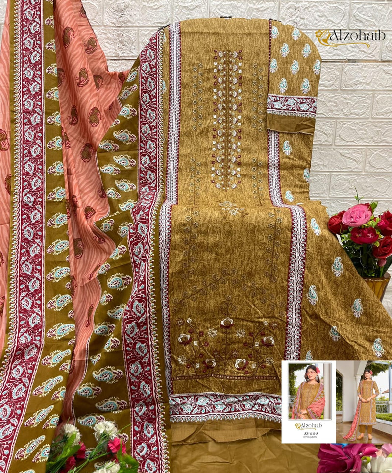 Al Zohaib Az 1317 A Pure Cotton Print With Heavy Self Work Pakistani Suits
