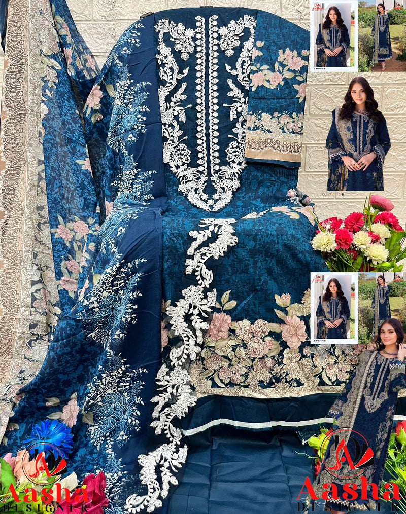 Aasha Designer 1170 B Pure Cotton Print Heavy Embroidery With 2 Patches Work Pakistani Suits