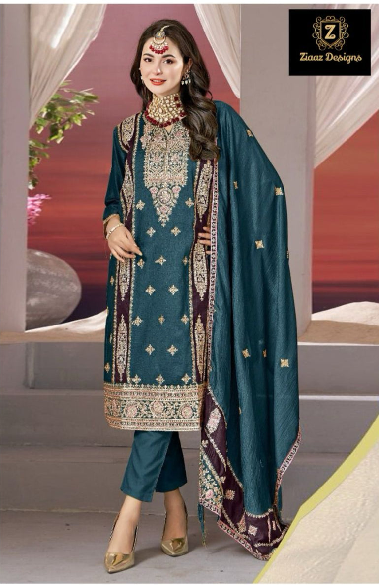 Ziaaz Designs Code 415 Chinon Embroidered Very Beautiful Mustard Yellow Color Suits
