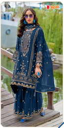 Fepic Rosemeen C 1918 Rich Blue Organza Embroidered Work Suits