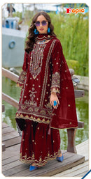 Fepic Rosemeen C 1918 B Wine Red Organza Embroidered Work Suits