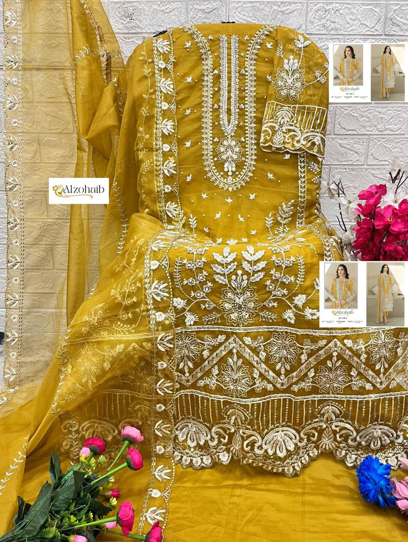 Al Zohaib 1196 C Organza Mustard Yellow Emboridery Work Pakistani Suits