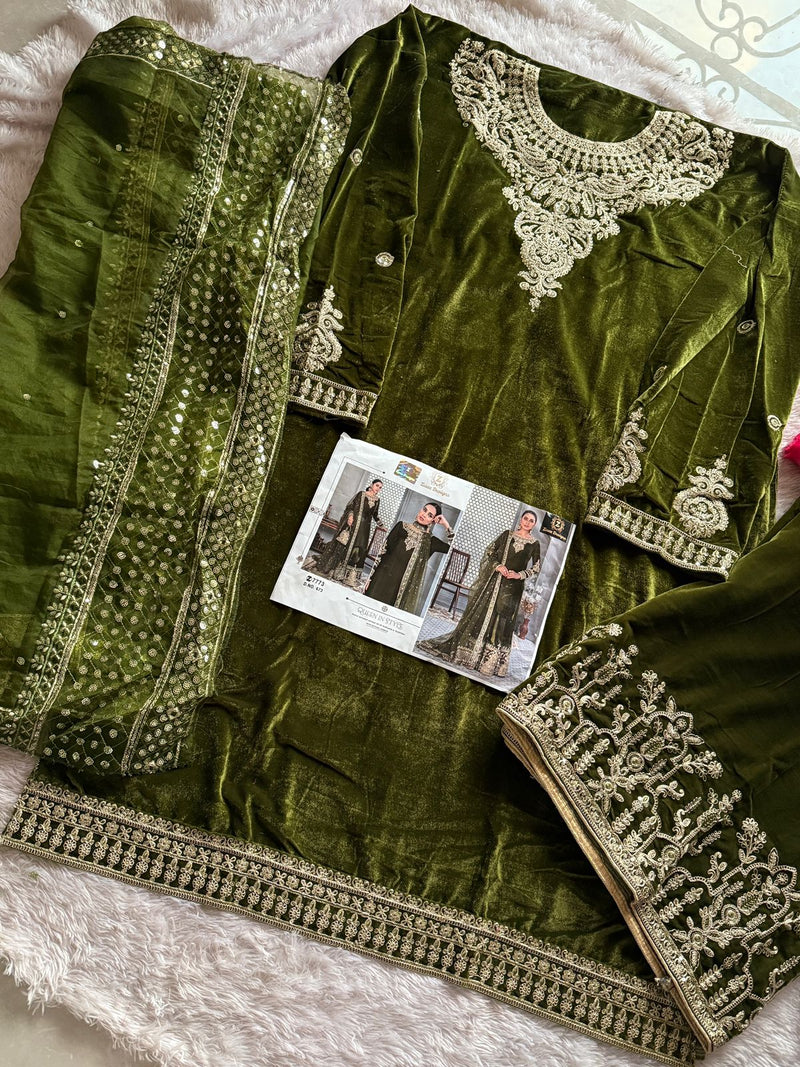 Ziaaz Designs Code 673 Olive Green Velvet Semi Stitched Outfit