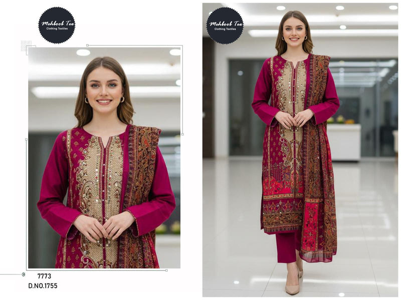 Mehboob Tex 1755 Luxury Rani Pink Printed N Embellished Designer Suit