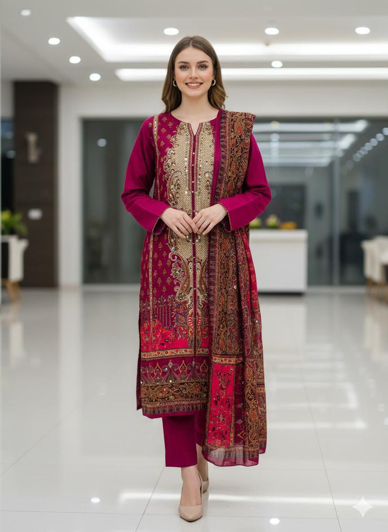 Mehboob Tex 1755 Luxury Rani Pink Printed N Embellished Designer Suit