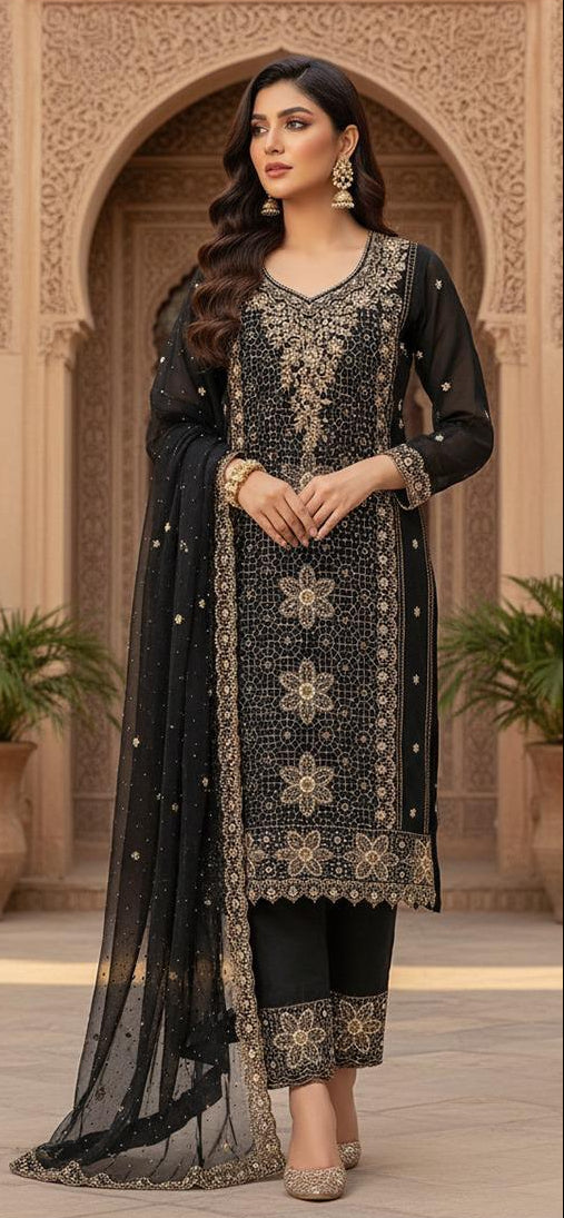 Hoor Tex HF 365 A Black Embroidered Georgette Salwar Suit