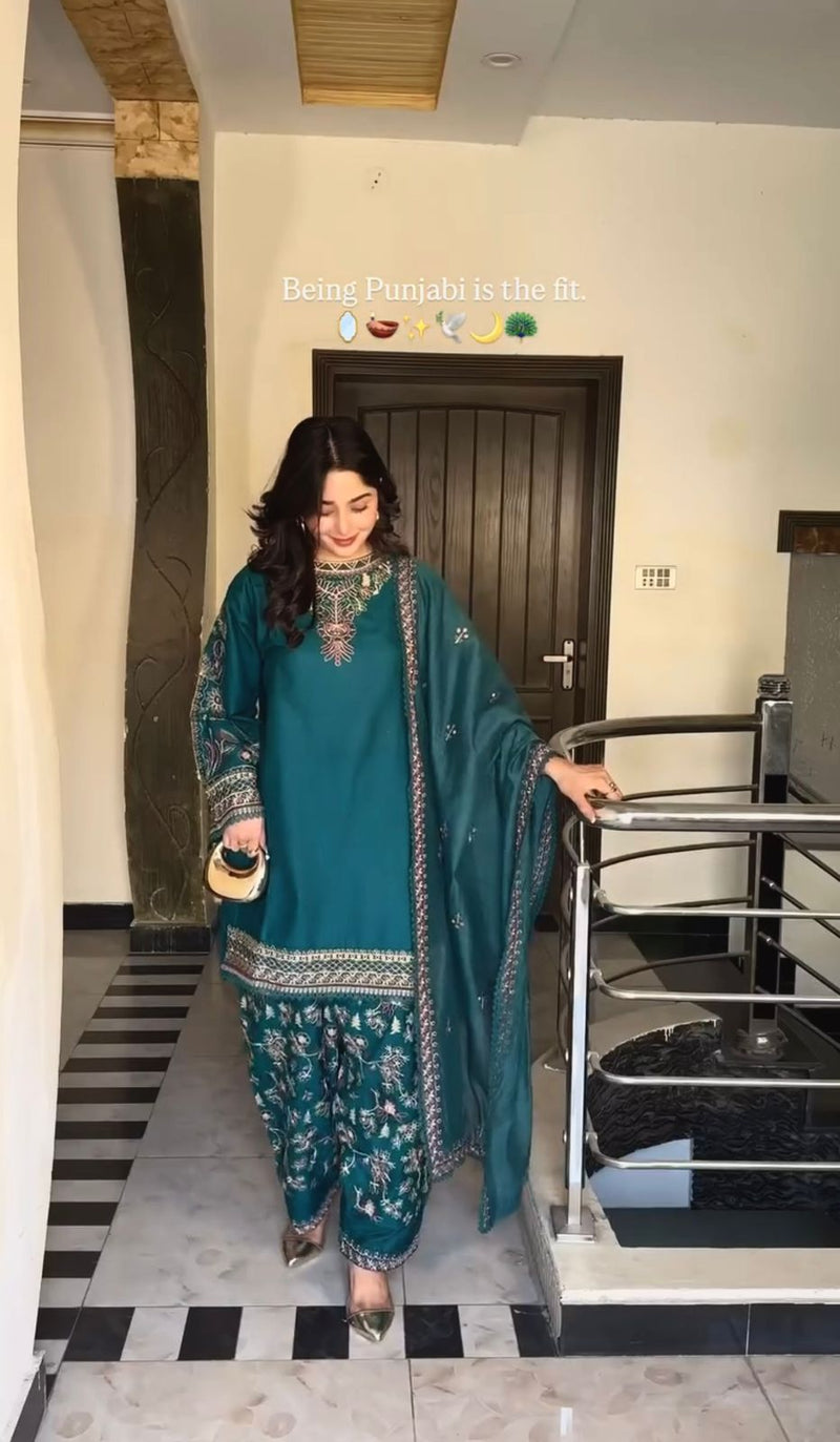 JF 009 Designer Teal Embroidered Readymade Shalwar Suit for Festive Wear