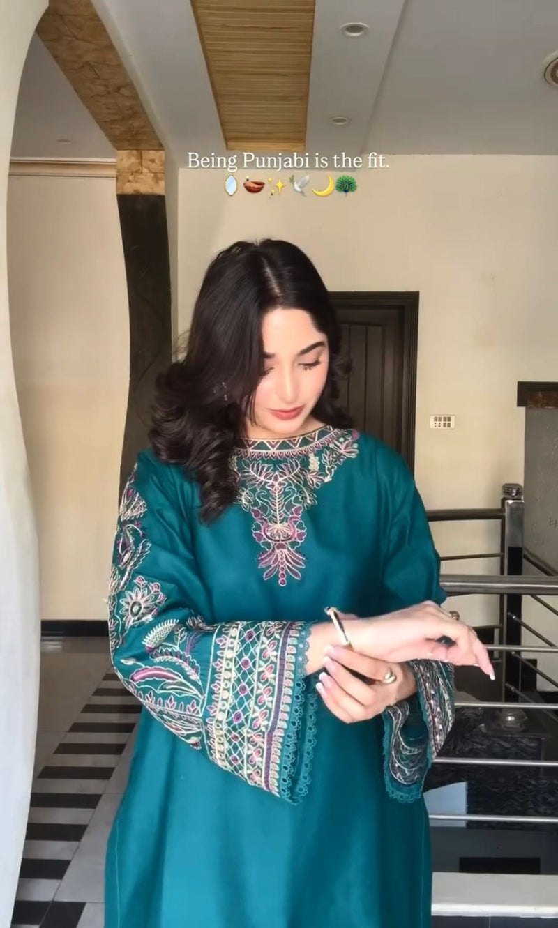 JF 009 Designer Teal Embroidered Readymade Shalwar Suit for Festive Wear