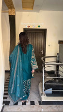JF 009 Designer Teal Embroidered Readymade Shalwar Suit for Festive Wear