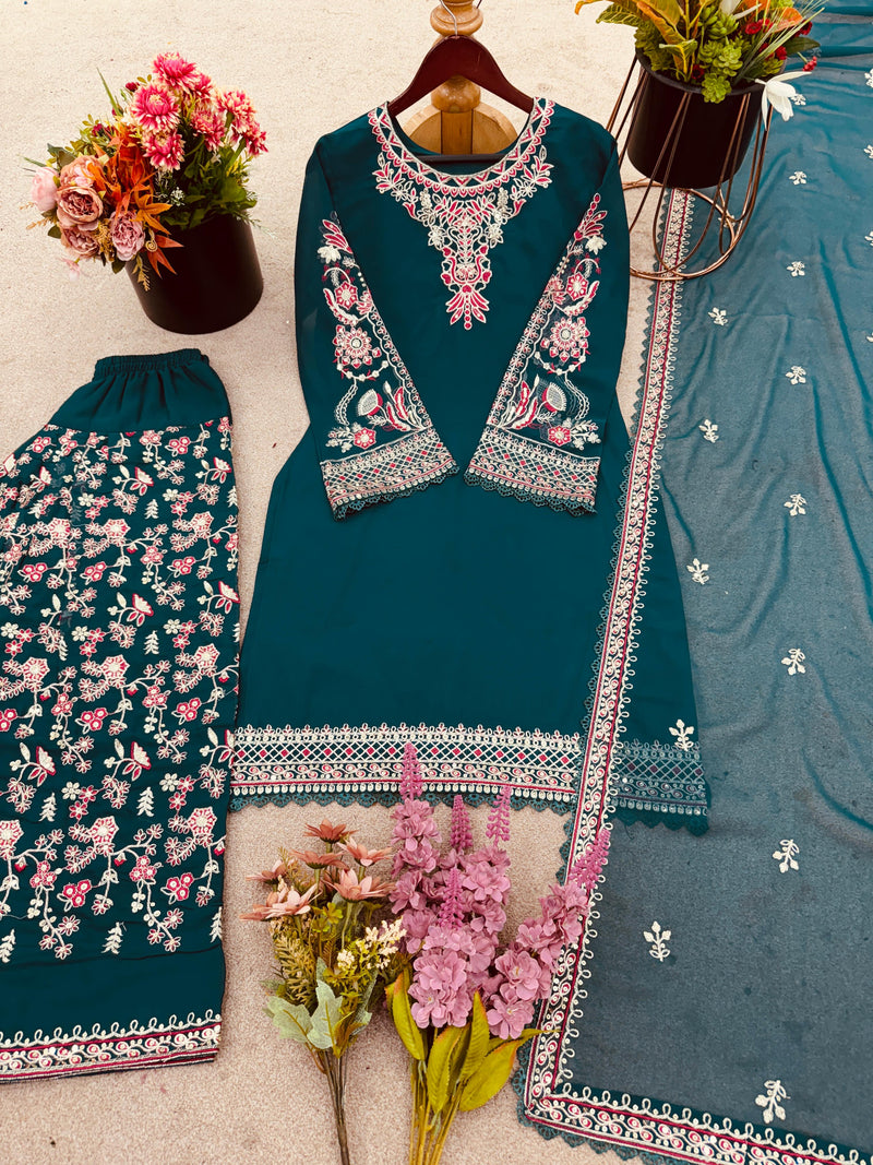 JF 009 Designer Teal Embroidered Readymade Shalwar Suit for Festive Wear