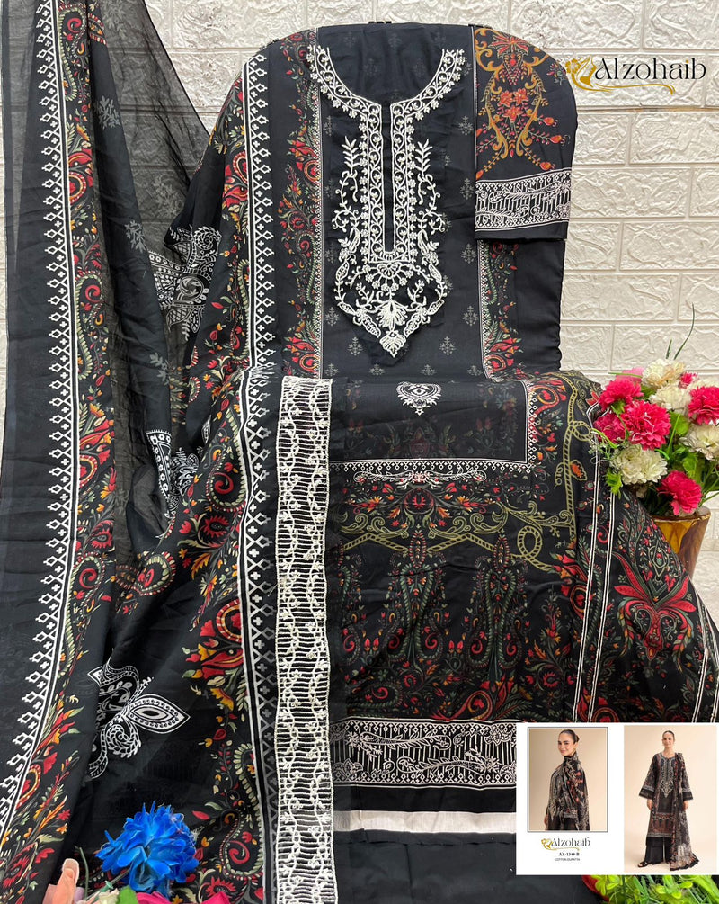 Al Zohaib 1346 B Floral Print Lawn Suit With Heavy Embroidered Neckline