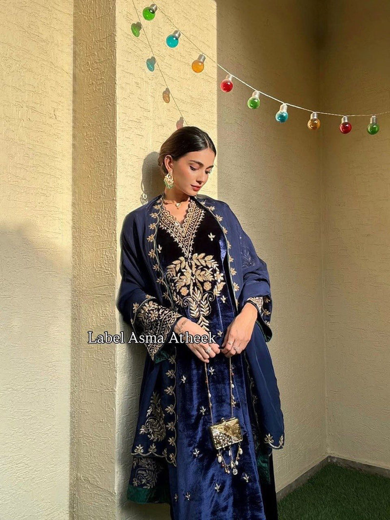 LC 1405 Designer Navy Blue Velvet Embroidered Suit with Dupatta traditional wear