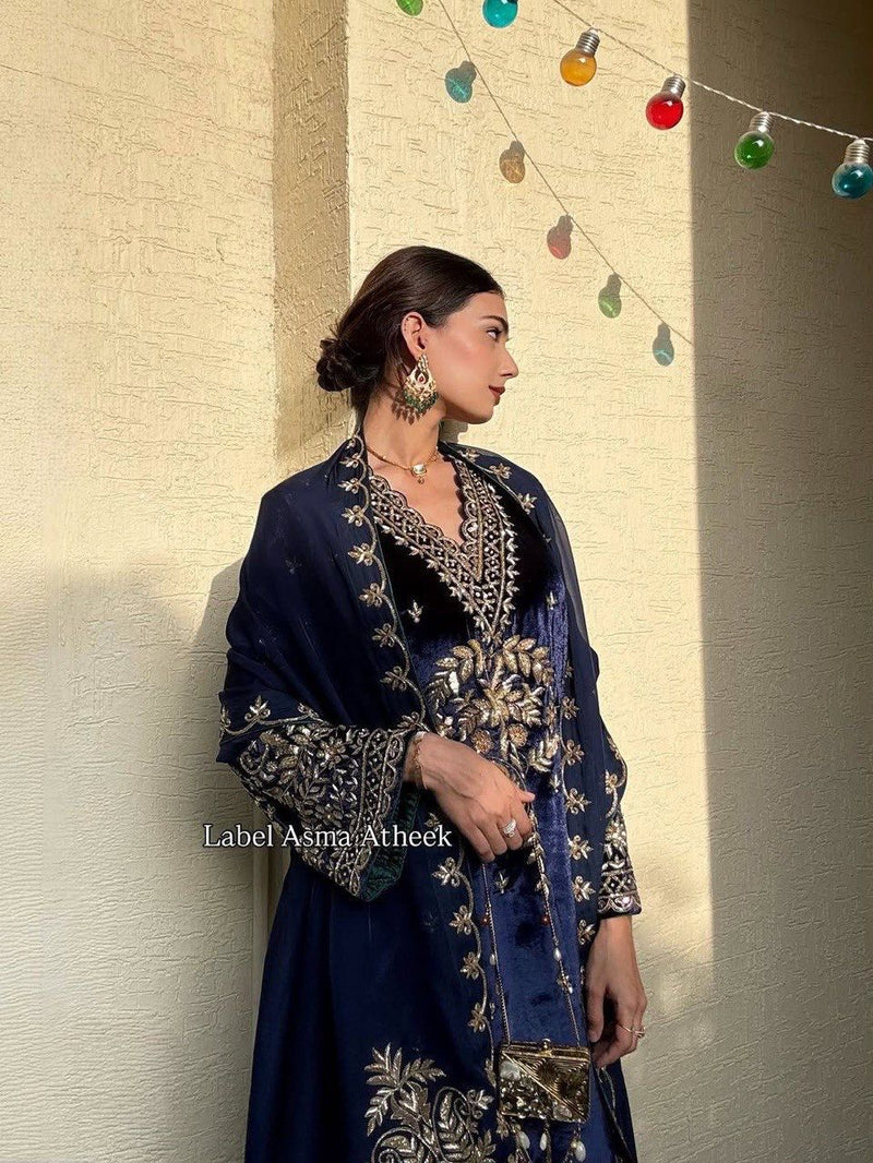 LC 1405 Designer Navy Blue Velvet Embroidered Suit with Dupatta traditional wear