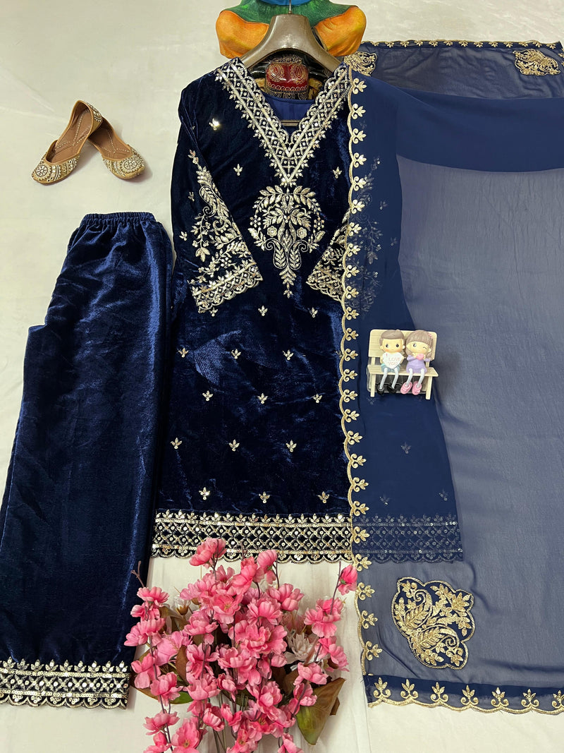 LC 1405 Designer Navy Blue Velvet Embroidered Suit with Dupatta traditional wear