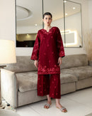 LC 1418 Embroidered Maroon Kurta Straight Trousers Co-ord Set
