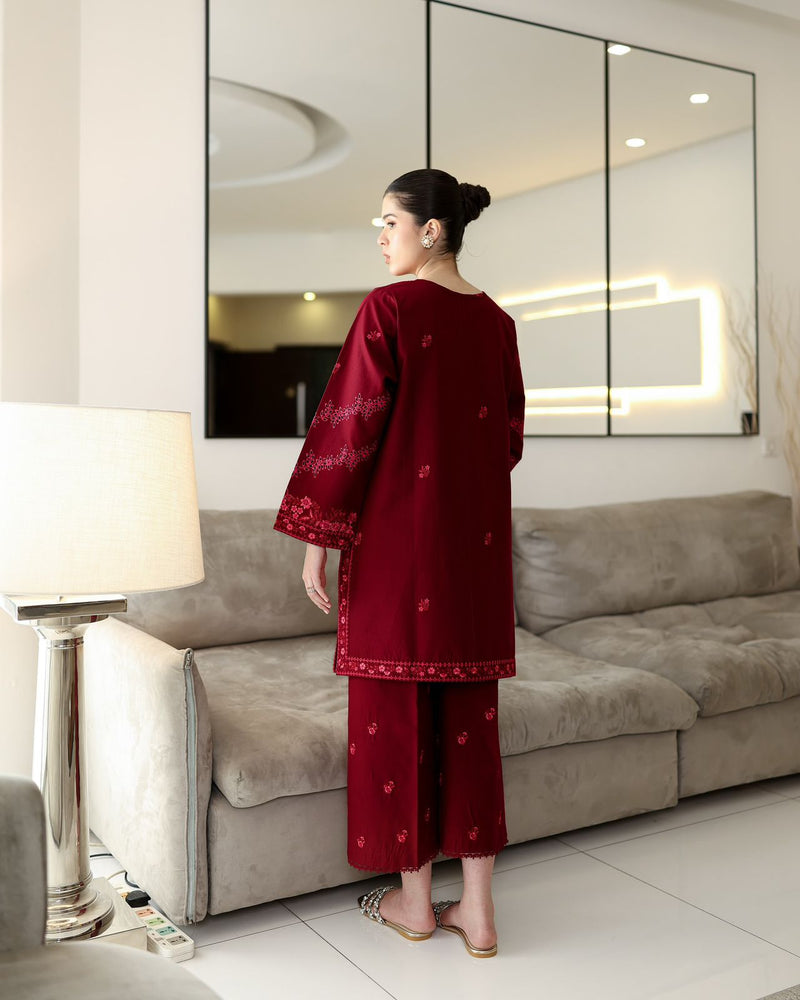 LC 1418 Embroidered Maroon Kurta Straight Trousers Co-ord Set