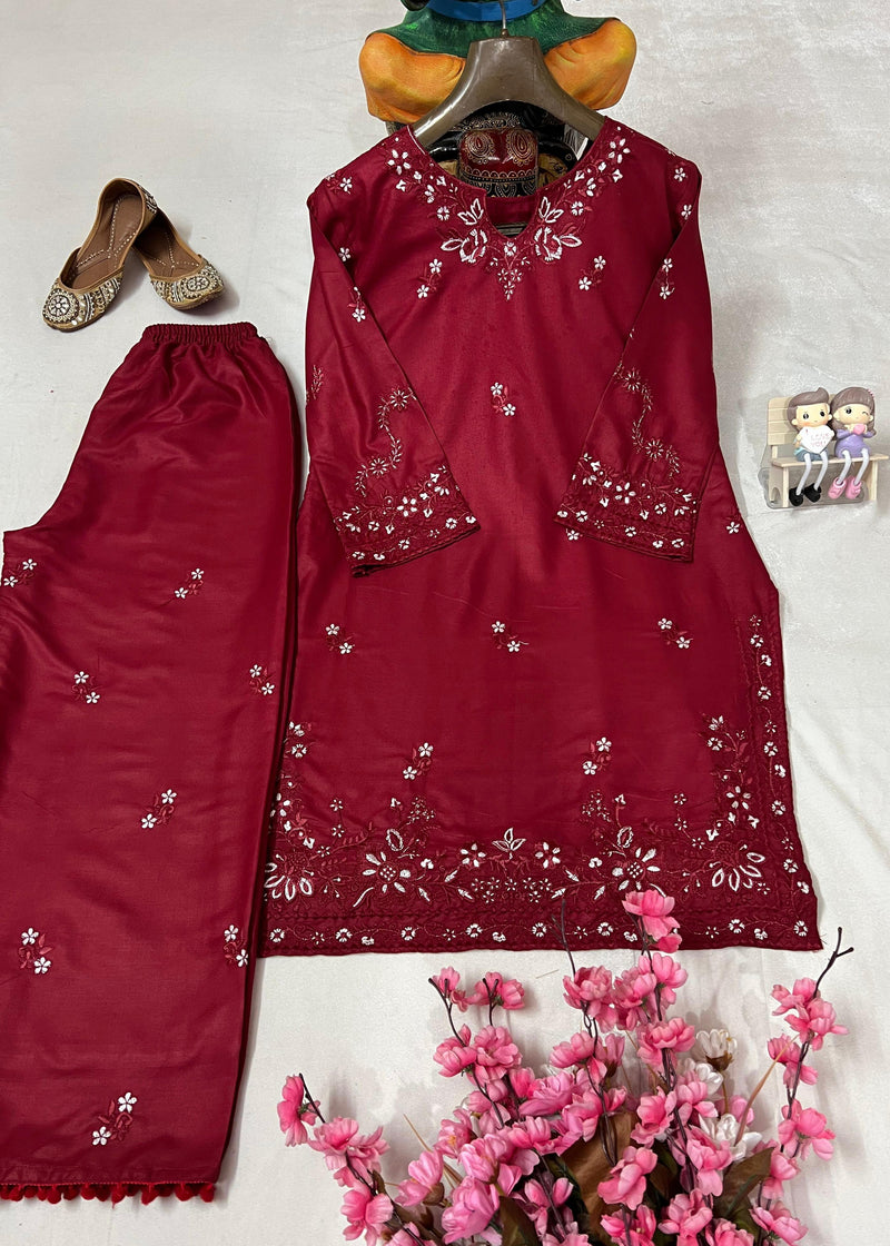 LC 1418 Embroidered Maroon Kurta Straight Trousers Co-ord Set