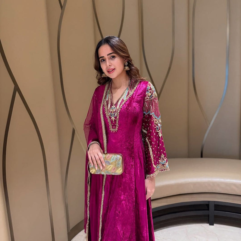 LC 1419 Designer Wine Velvet Embroidered Traditional Wear Suits