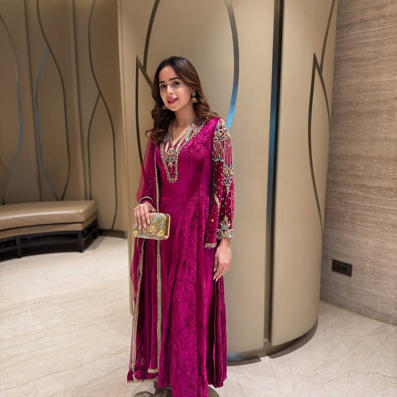 LC 1419 Designer Wine Velvet Embroidered Traditional Wear Suits