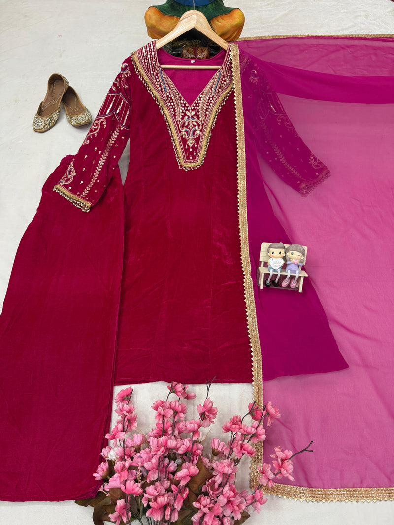 LC 1419 Designer Wine Velvet Embroidered Traditional Wear Suits