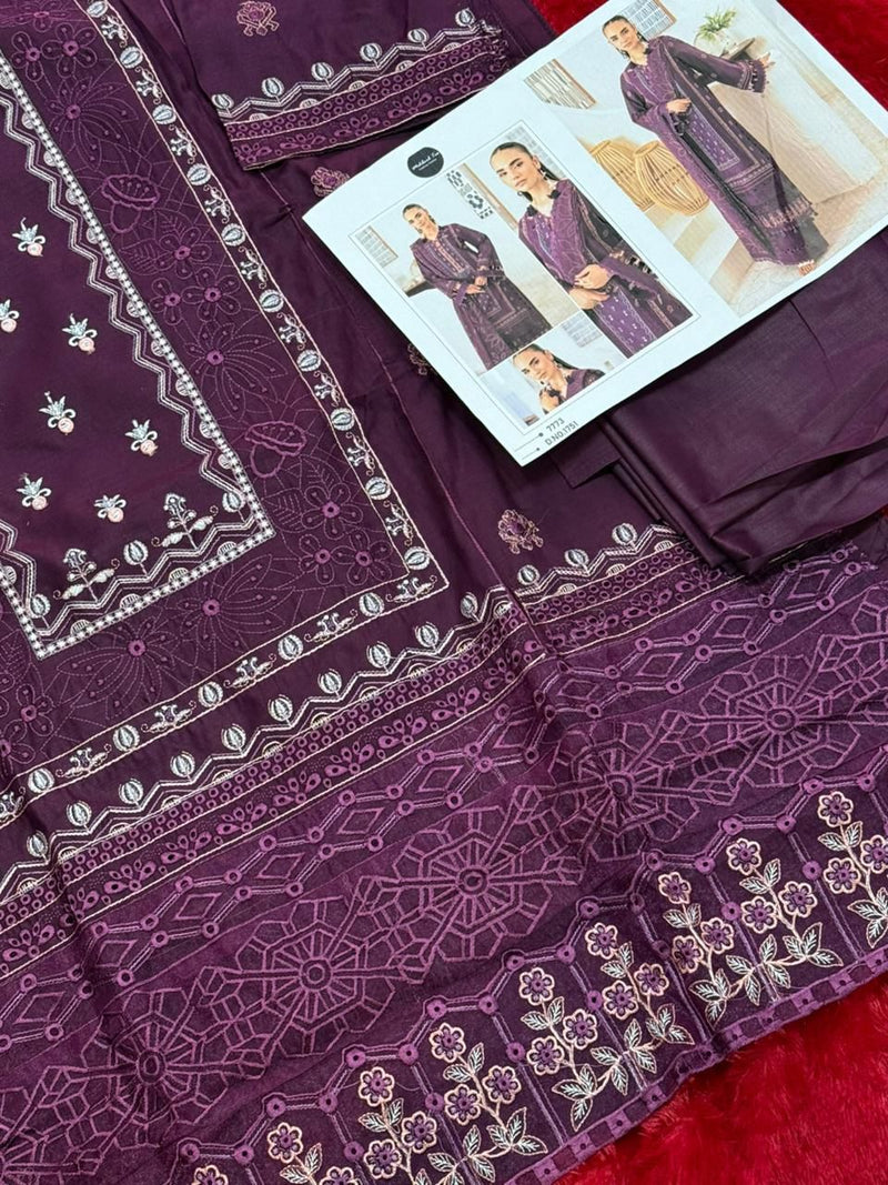 Mehboob Tex 1751 Deep Plum Purple Heavy Embroidered Cotton Suit