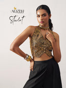 Alizeh 5016 Starlet Gold Jacquard Waistcoat & Black Crepe Skirt Co ord Set