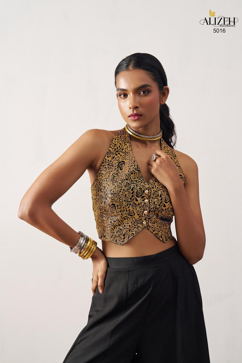 Alizeh 5016 Starlet Gold Jacquard Waistcoat & Black Crepe Skirt Co ord Set