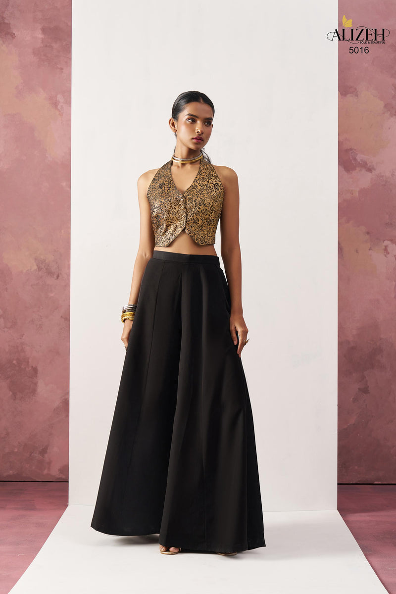 Alizeh 5016 Starlet Gold Jacquard Waistcoat & Black Crepe Skirt Co ord Set